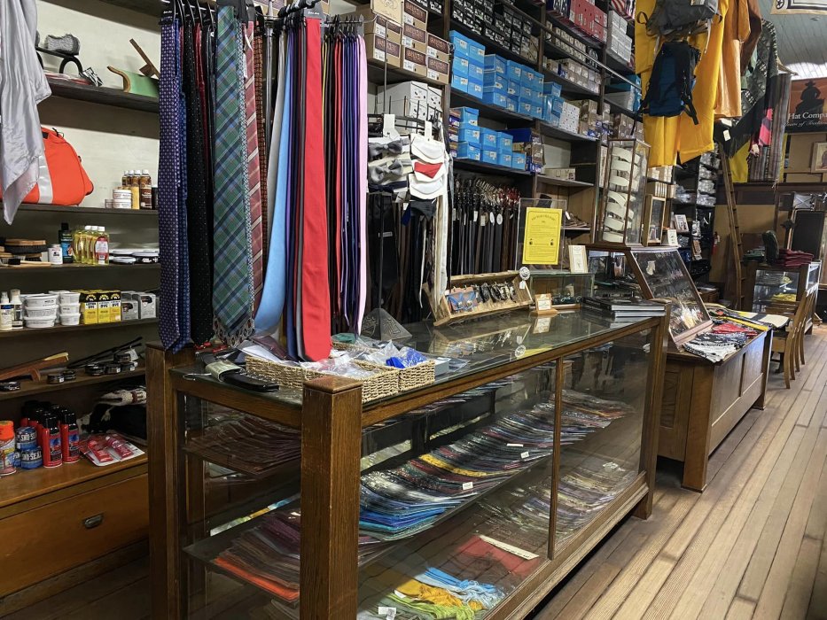 Necktie and formalwear accessories counter inside Davis Clothing Company